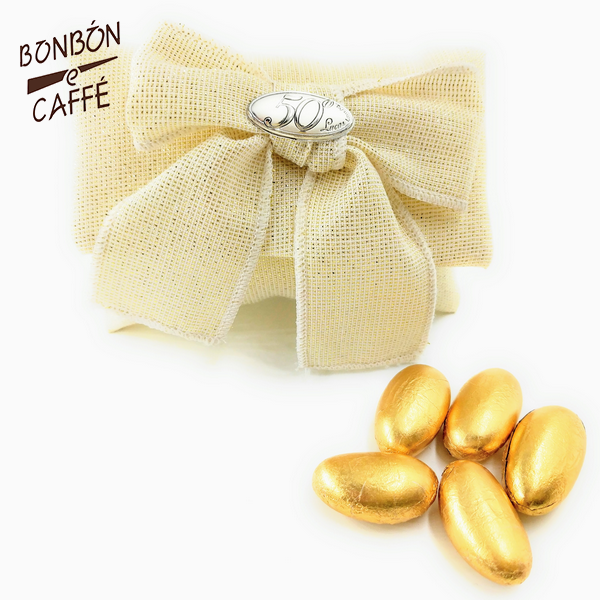 Bomboniera confetti, busta pochette con FIOCCO ORO e PLACCA 50 – Bon Bon e  Caffè